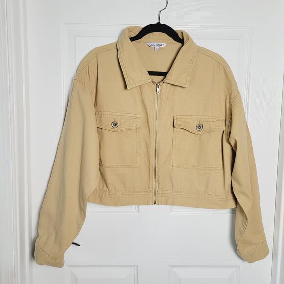 LILAC SUNSET Jackets & Blazers - Lilac Sunset Jacket Womens XL Tan Cropped Zip Front Utility Pockets Casual